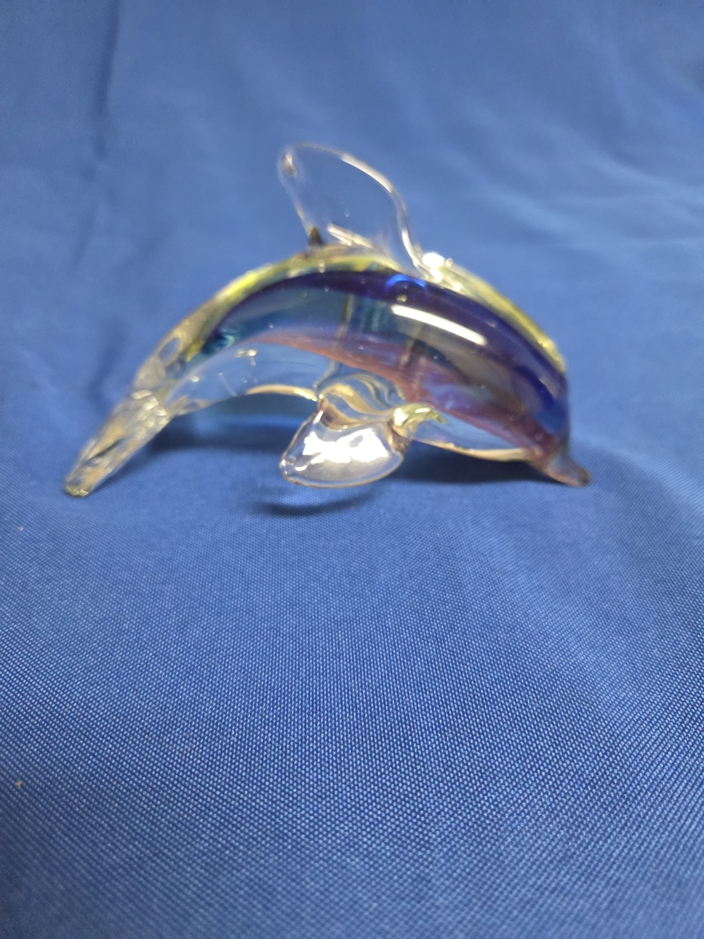 Hand Blown Art Glass Dolphin 5 1/2” Paperweight Blue Green Pink Figurine Decor